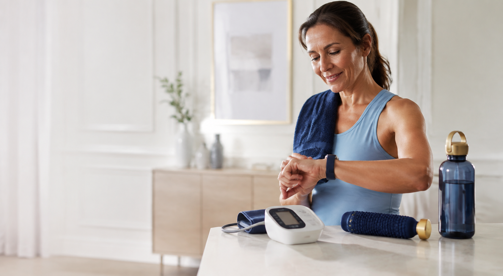 Une femme consulte sa montre connectée après une activité physique, avec du matériel de santé et de récupération à domicile